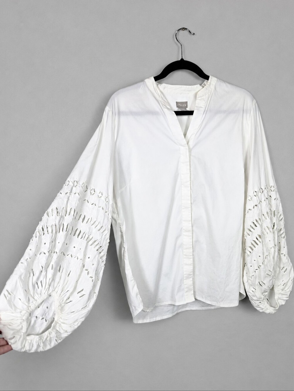 Chico's 2 12/14 White Eyelet Balloon Sleeve Blouse Boho Coastal Cottagecore Top